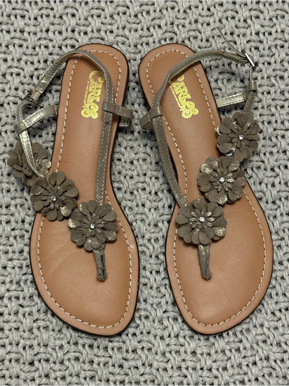 Carlos Santana Metallic Taupe Floral T-Strap Sandals Size 6.5
